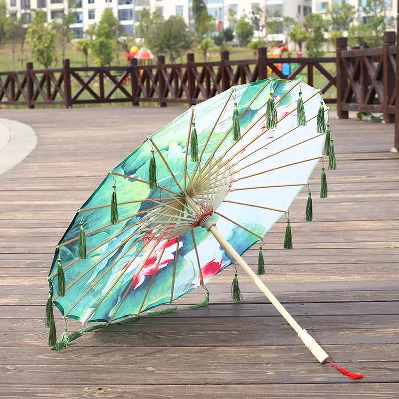 Silk Cloth Lace Umbrella Women Costume Photography Props Tasseled Umbrella Yarned Chinese Classical Oil-paper Umbrella Parasol