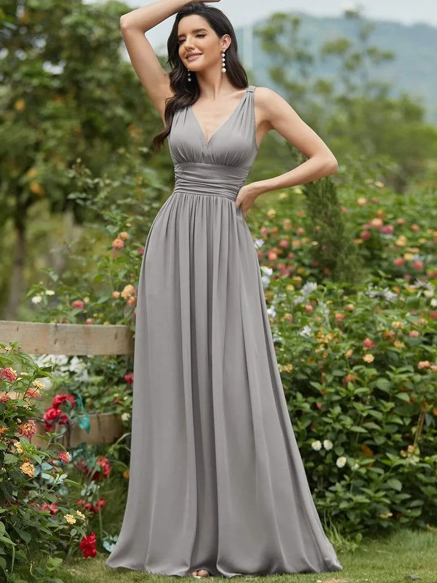 Sleeveless V-Neck Plain Maxi Chiffon Bridesmaid Dress