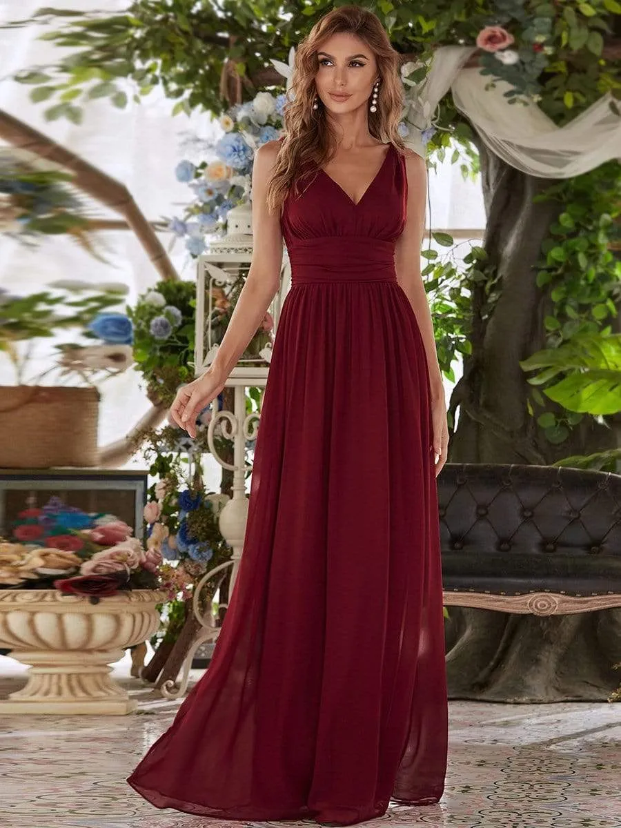 Sleeveless V-Neck Plain Maxi Chiffon Bridesmaid Dress