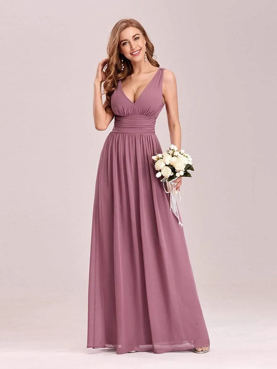 Sleeveless V-Neck Plain Maxi Chiffon Bridesmaid Dress