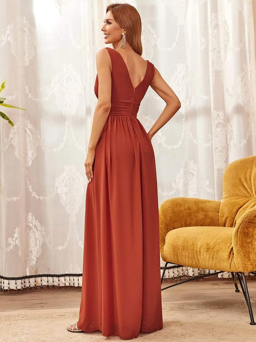 Sleeveless V-Neck Plain Maxi Chiffon Bridesmaid Dress