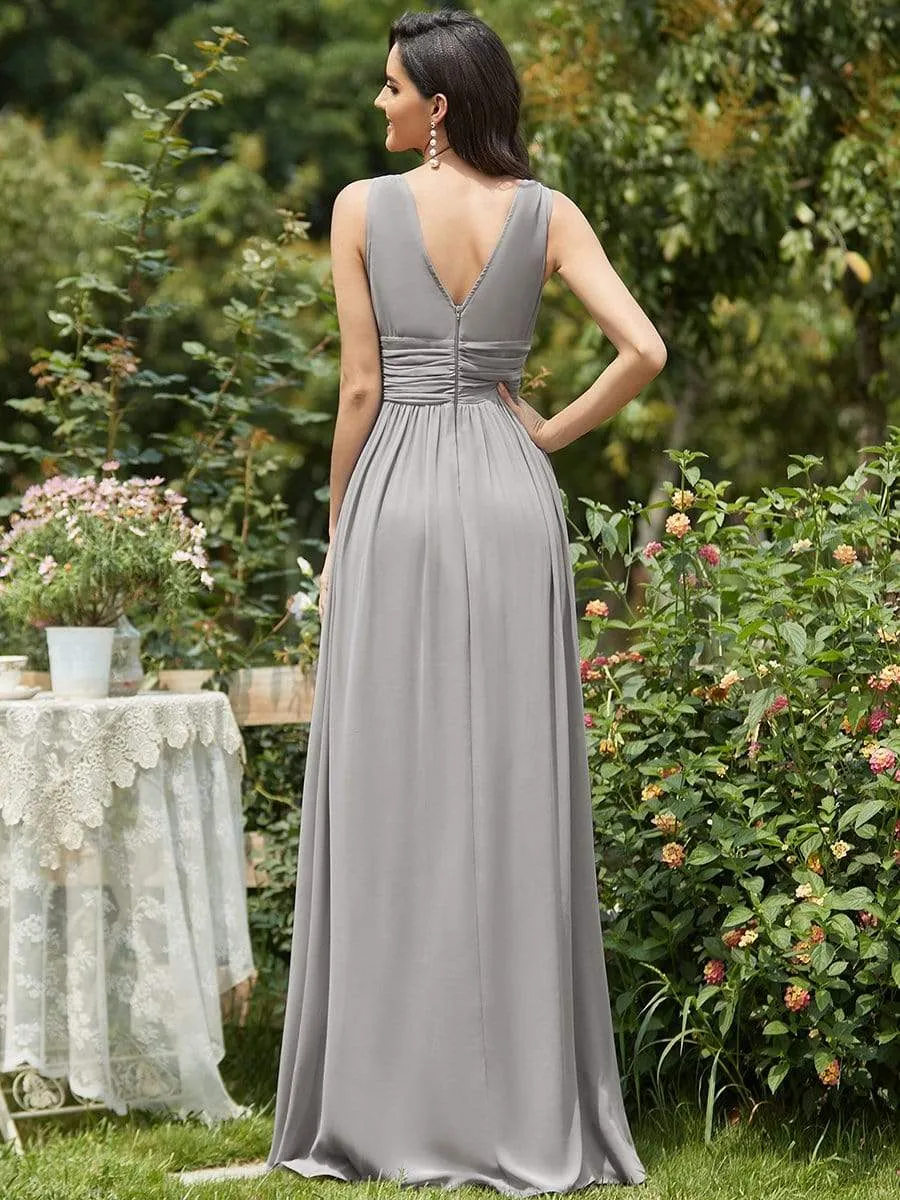 Sleeveless V-Neck Plain Maxi Chiffon Bridesmaid Dress