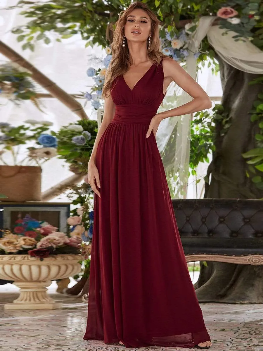 Sleeveless V-Neck Plain Maxi Chiffon Bridesmaid Dress