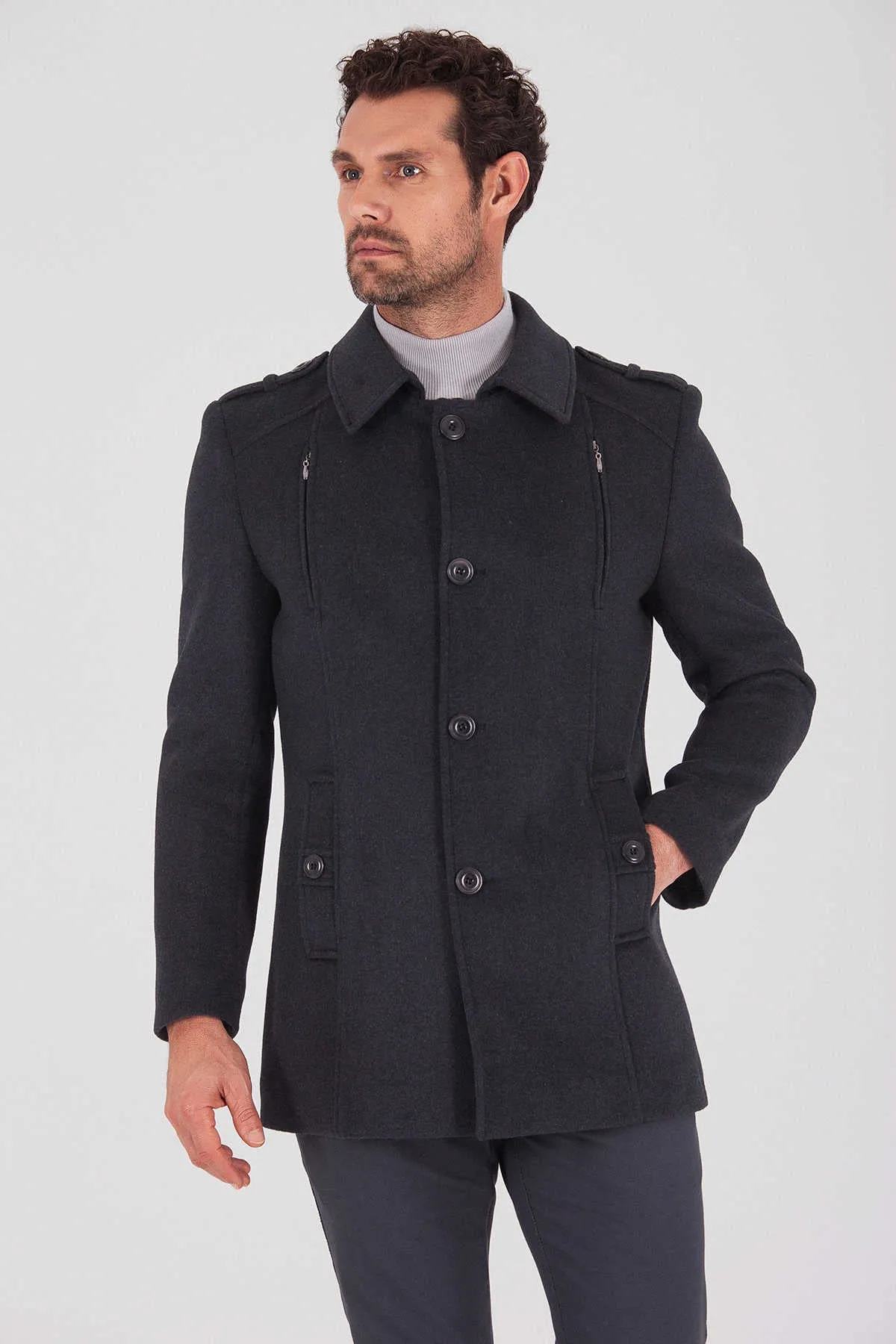 Slim Fit Notch Lapel Bond Wool Charcoal Overcoat, Charcoal