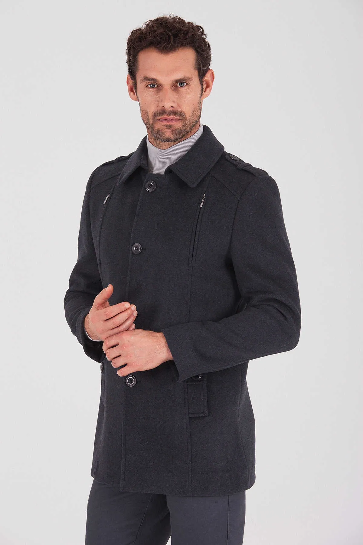 Slim Fit Notch Lapel Bond Wool Charcoal Overcoat, Charcoal