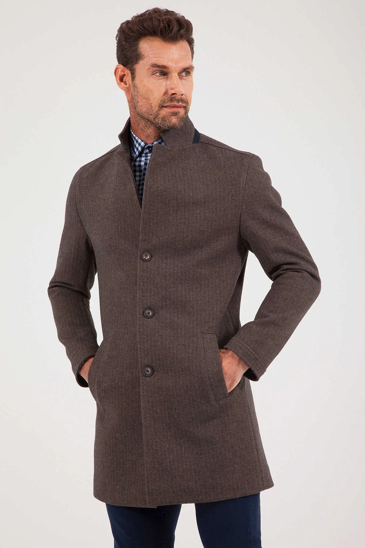 Slim Fit Notch Lapel Cotton Blend Brown Overcoat, Brown Herringbone