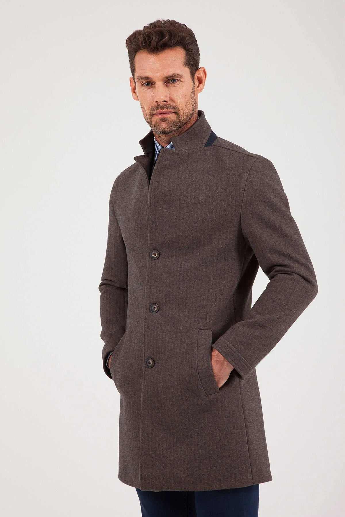 Slim Fit Notch Lapel Cotton Blend Brown Overcoat, Brown Herringbone