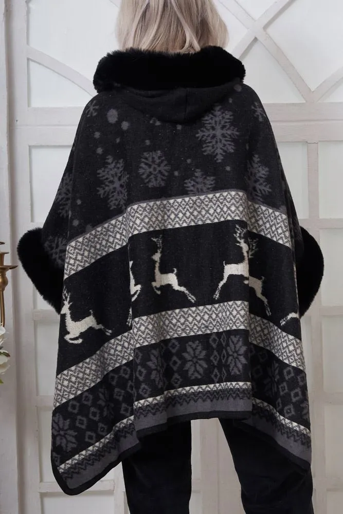 Snowflake Dear Print Faux Fur Poncho