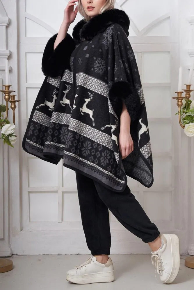 Snowflake Dear Print Faux Fur Poncho