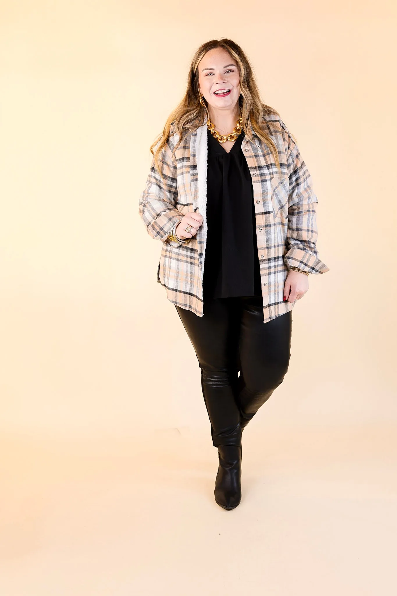 Soft and Dreamy Fur Lined Plaid Flannel Shacket in Black and Nude