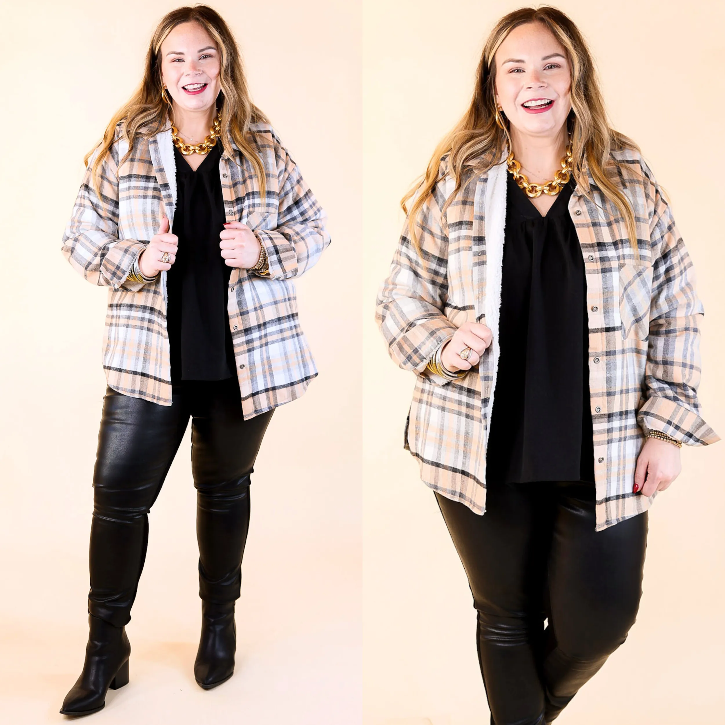 Soft and Dreamy Fur Lined Plaid Flannel Shacket in Black and Nude