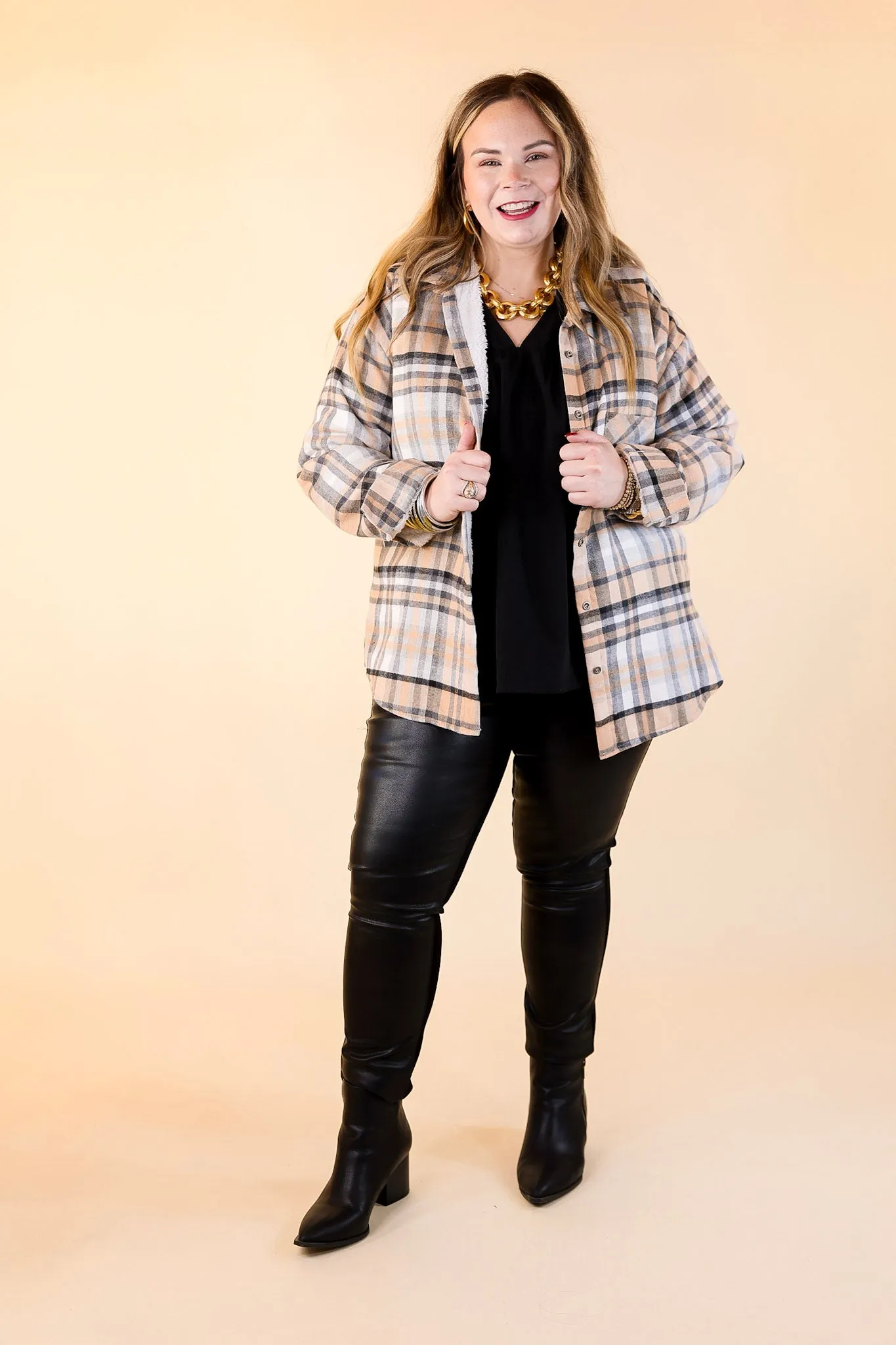 Soft and Dreamy Fur Lined Plaid Flannel Shacket in Black and Nude