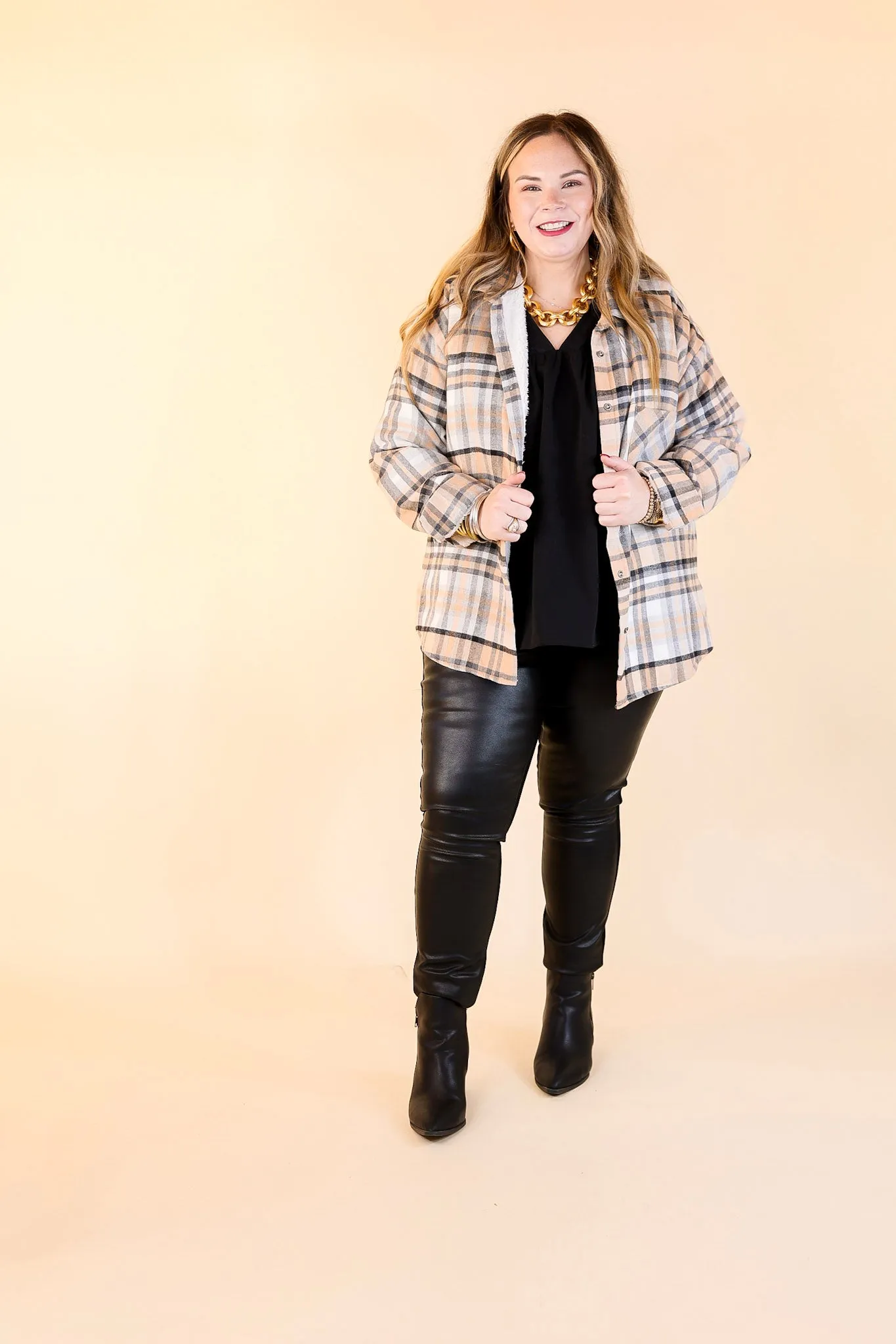 Soft and Dreamy Fur Lined Plaid Flannel Shacket in Black and Nude