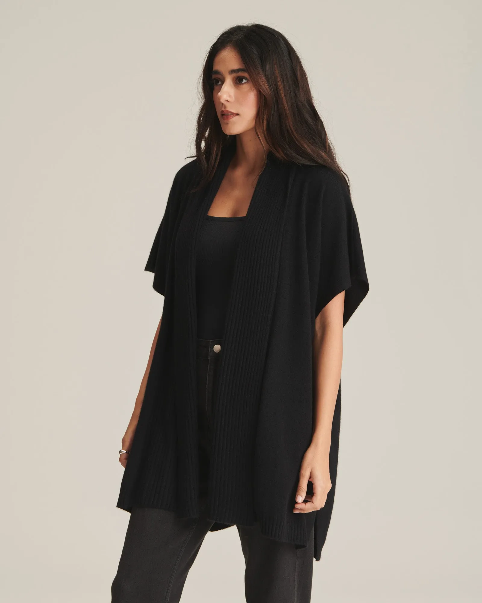 Soft by NAADAM 100% Cashmere Ribbed Collar Open Front Poncho