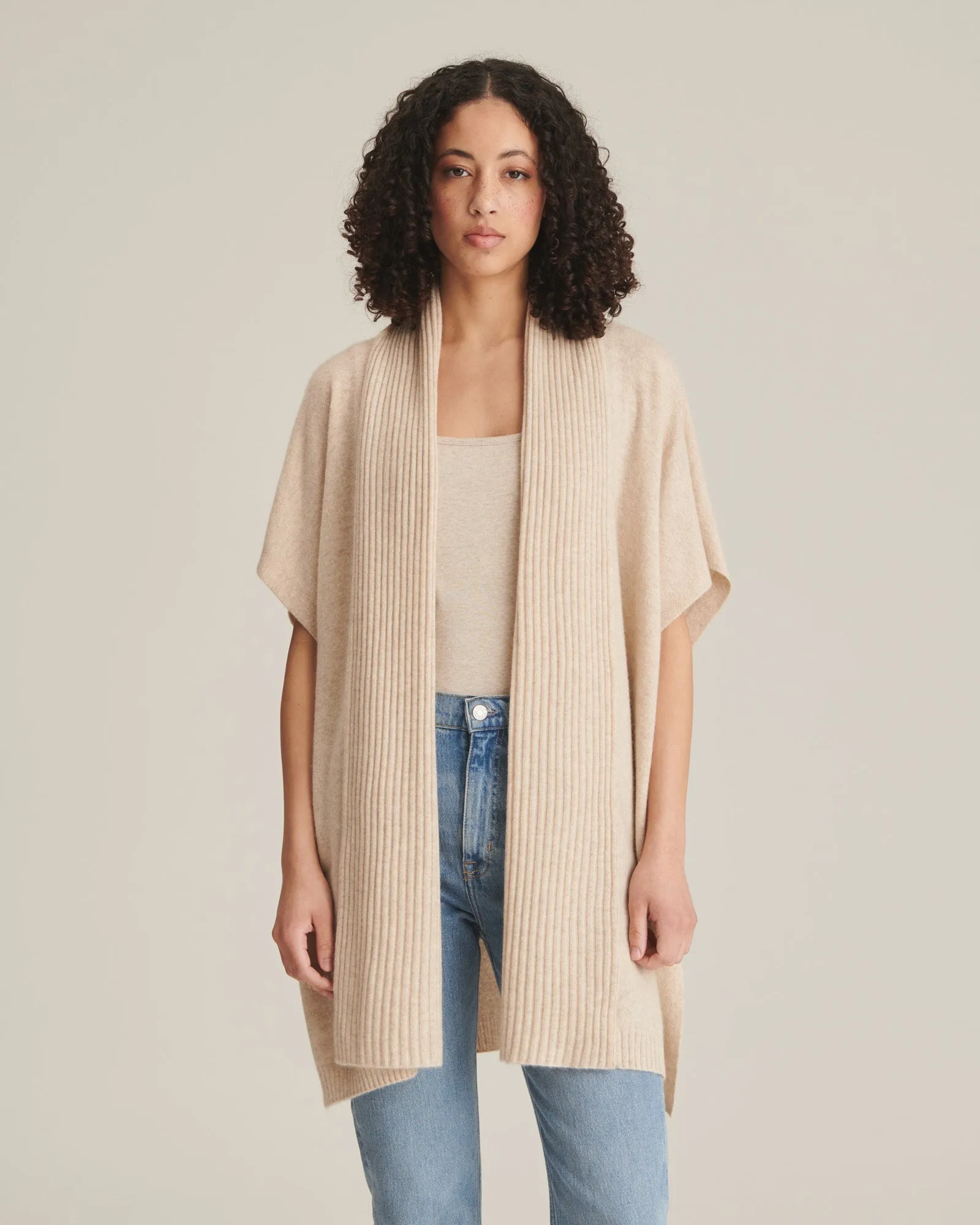 Soft by NAADAM 100% Cashmere Ribbed Collar Open Front Poncho