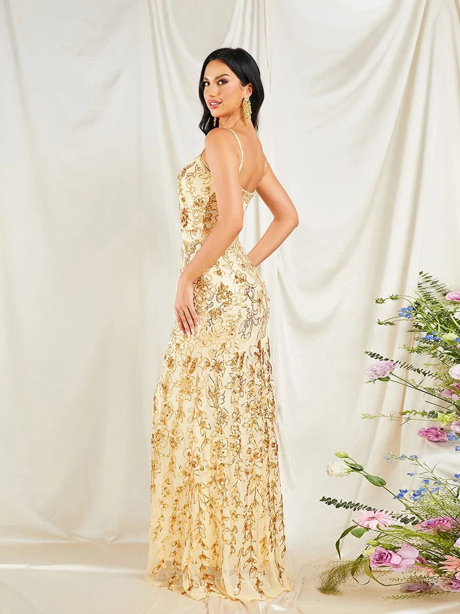 Spaghetti Strap Floral Sequin Gold Prom Dress RM20328