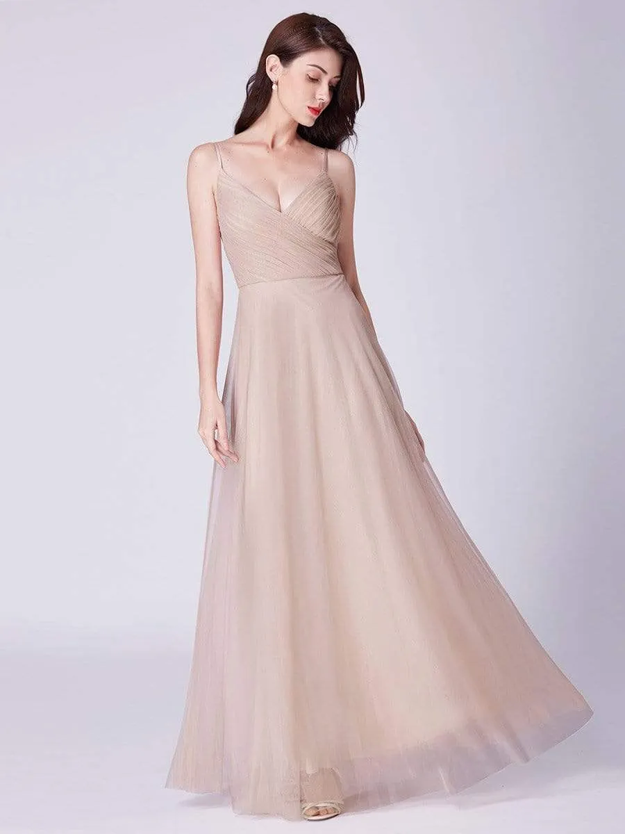 Spaghetti Strap V Neck Maxi Long Tulle Bridesmaid Dresses