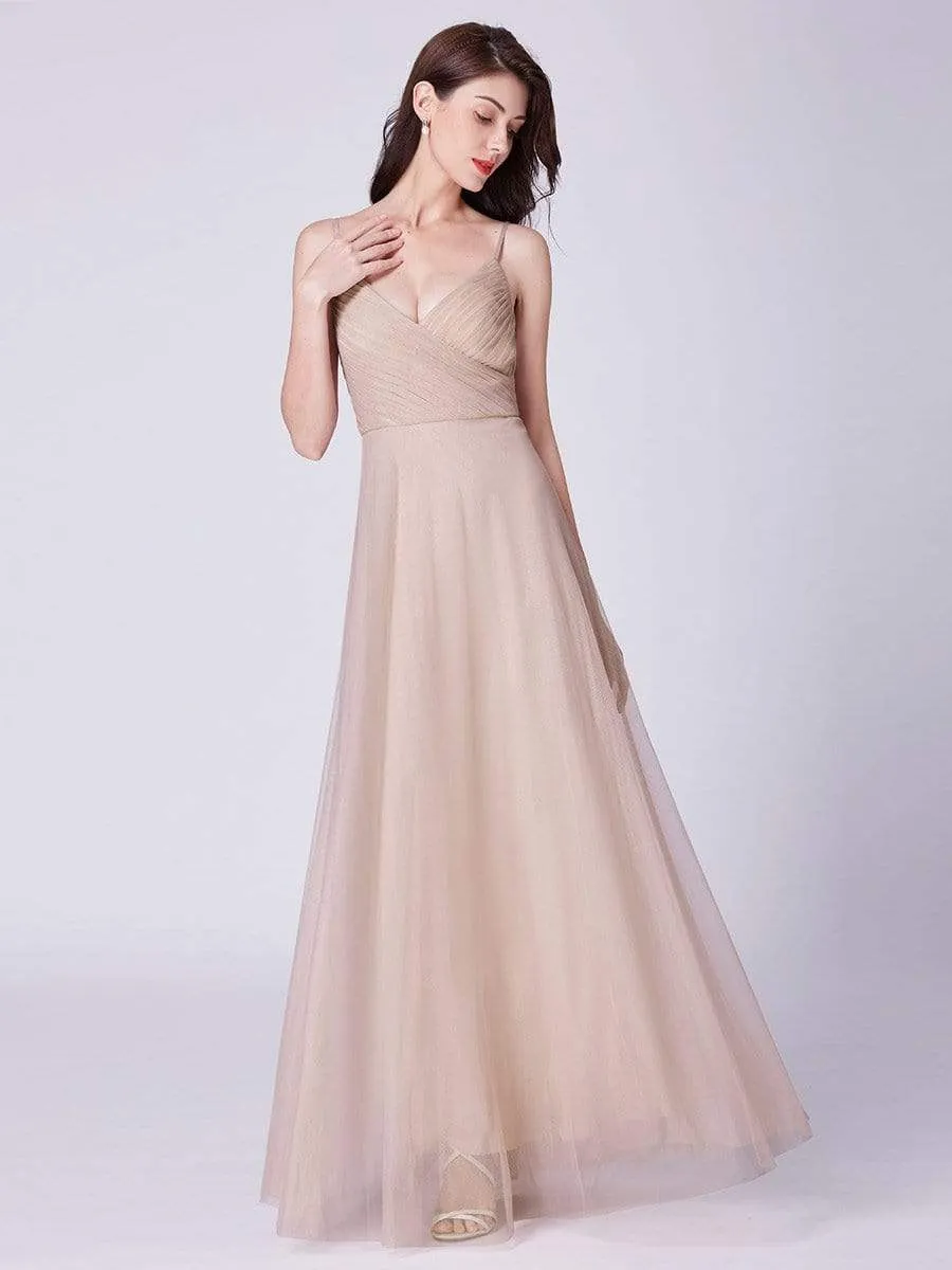 Spaghetti Strap V Neck Maxi Long Tulle Bridesmaid Dresses