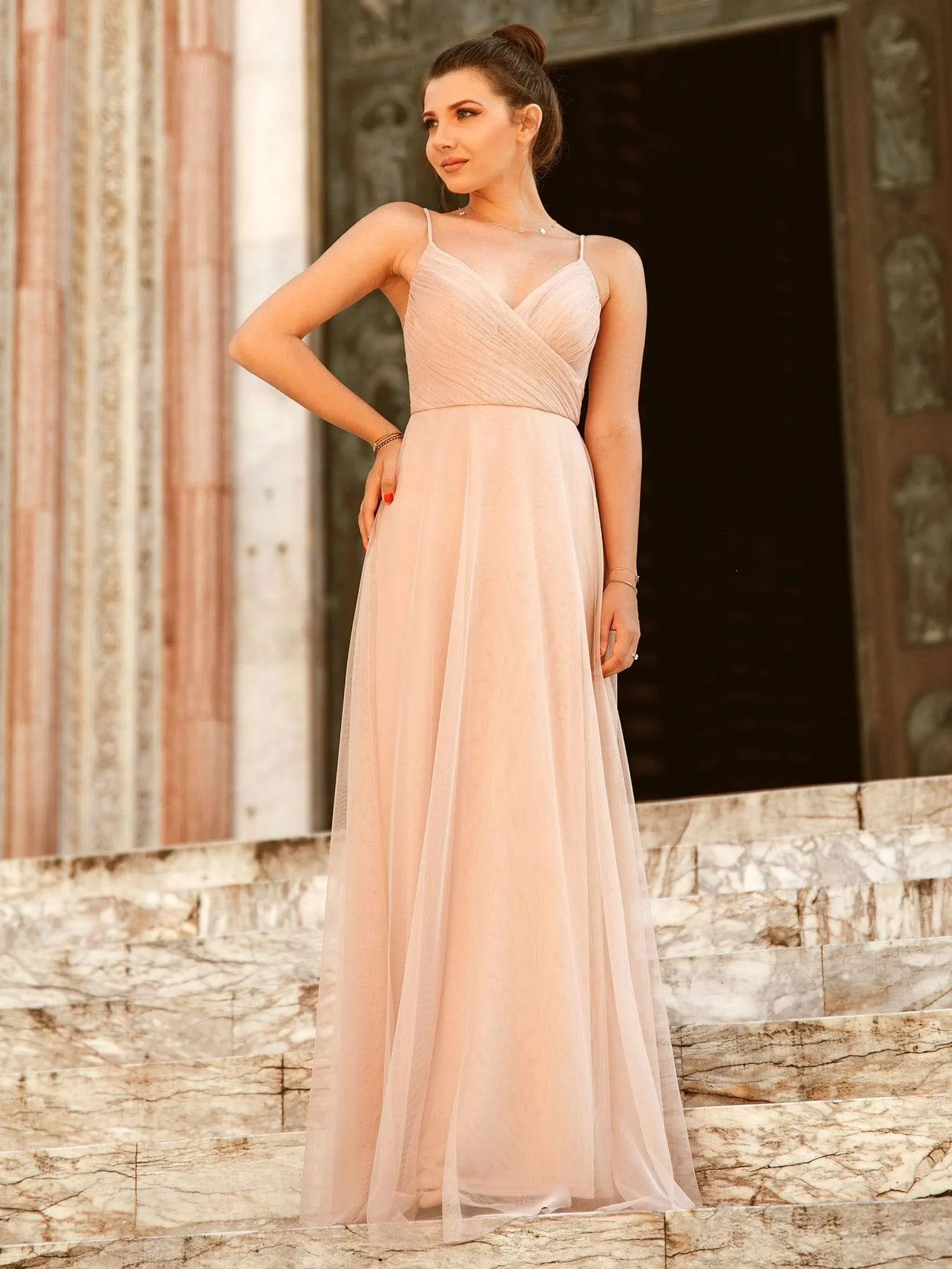 Spaghetti Strap V Neck Maxi Long Tulle Bridesmaid Dresses