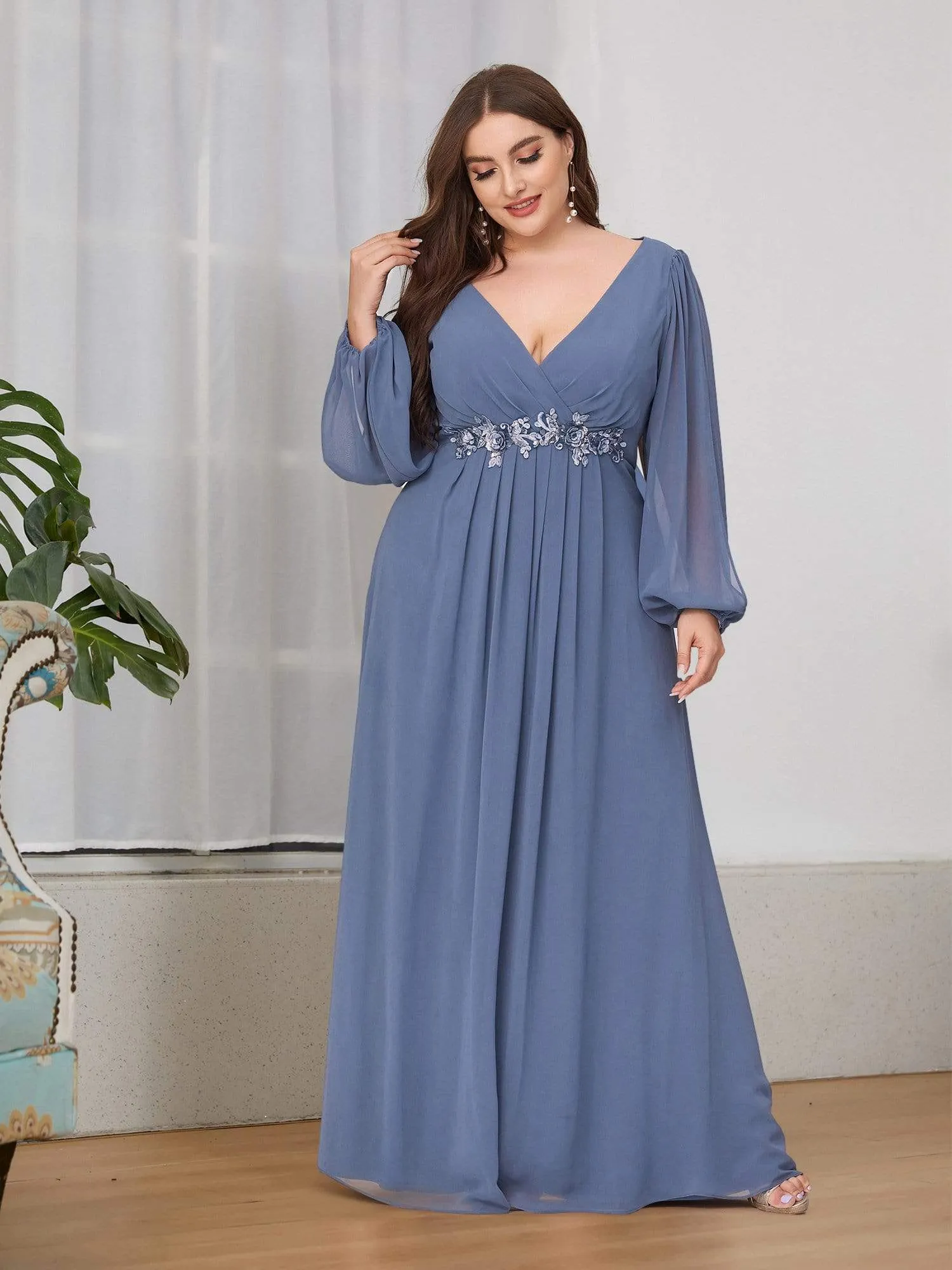 Stylish Chiffon Plus Size Evening Dresses with Long Lantern Sleeves