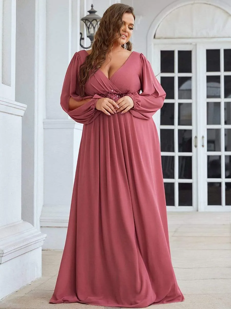 Stylish Chiffon Plus Size Evening Dresses with Long Lantern Sleeves