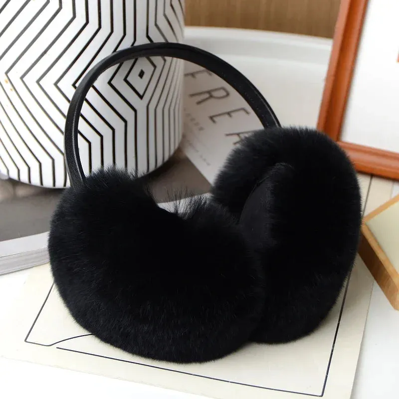 Stylish Natural Rabbit Fur Ear Muffs for Women with Genuine Leather Accents - Warm Winter Accessory