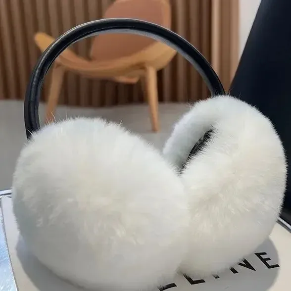 Stylish Natural Rabbit Fur Ear Muffs for Women with Genuine Leather Accents - Warm Winter Accessory