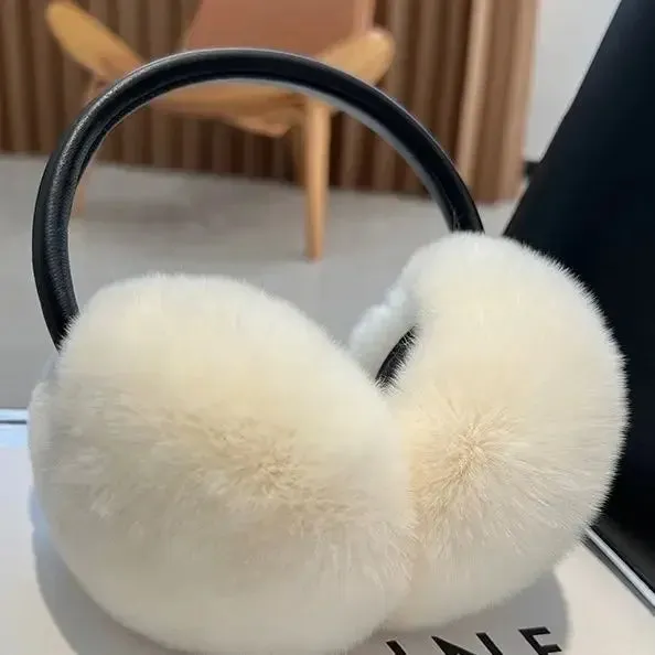 Stylish Natural Rabbit Fur Ear Muffs for Women with Genuine Leather Accents - Warm Winter Accessory