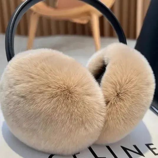 Stylish Natural Rabbit Fur Ear Muffs for Women with Genuine Leather Accents - Warm Winter Accessory