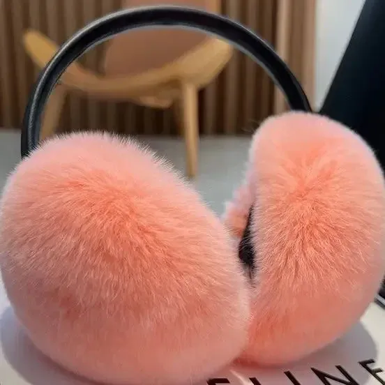 Stylish Natural Rabbit Fur Ear Muffs for Women with Genuine Leather Accents - Warm Winter Accessory