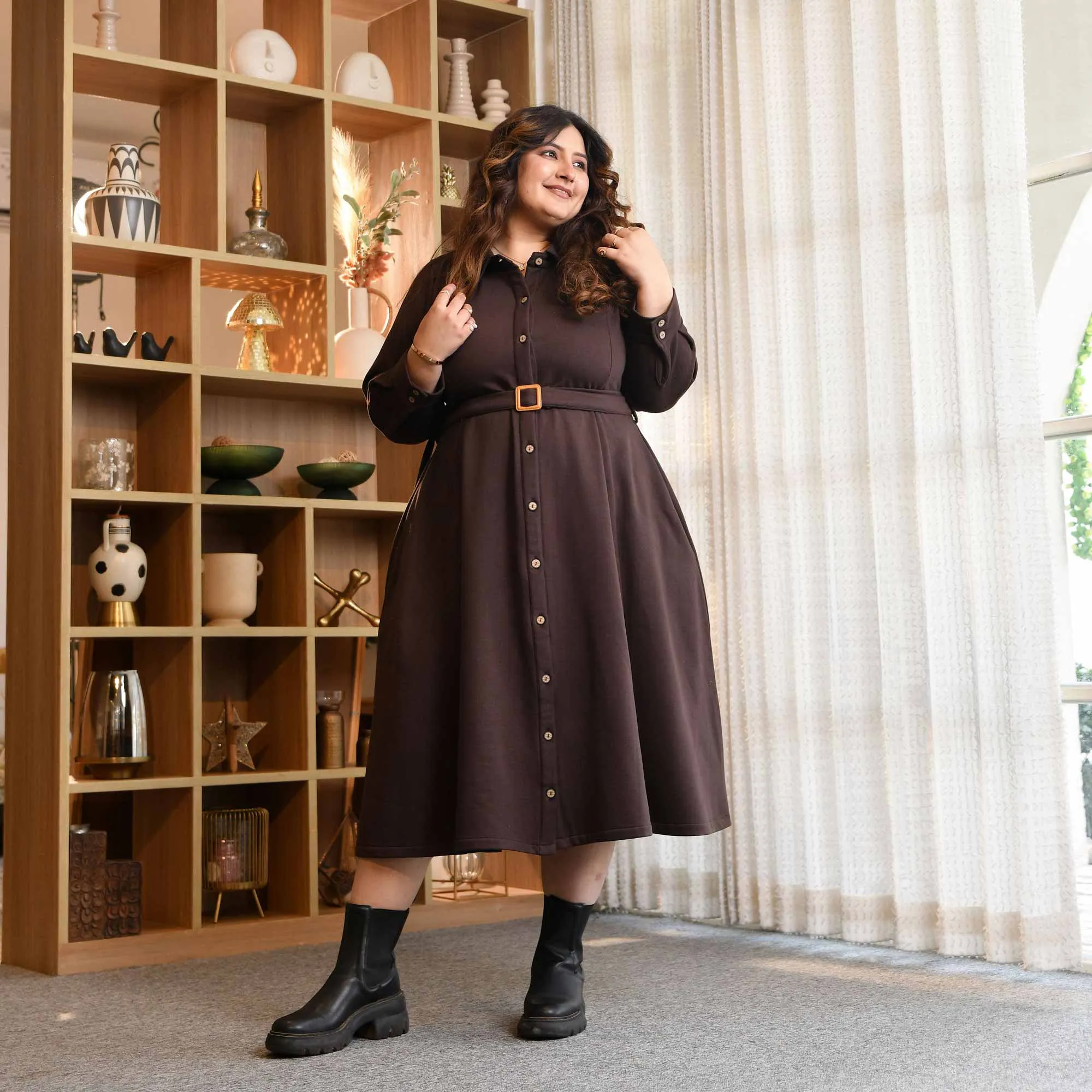 Sugar Brown Woollen Fleece Aline Dress