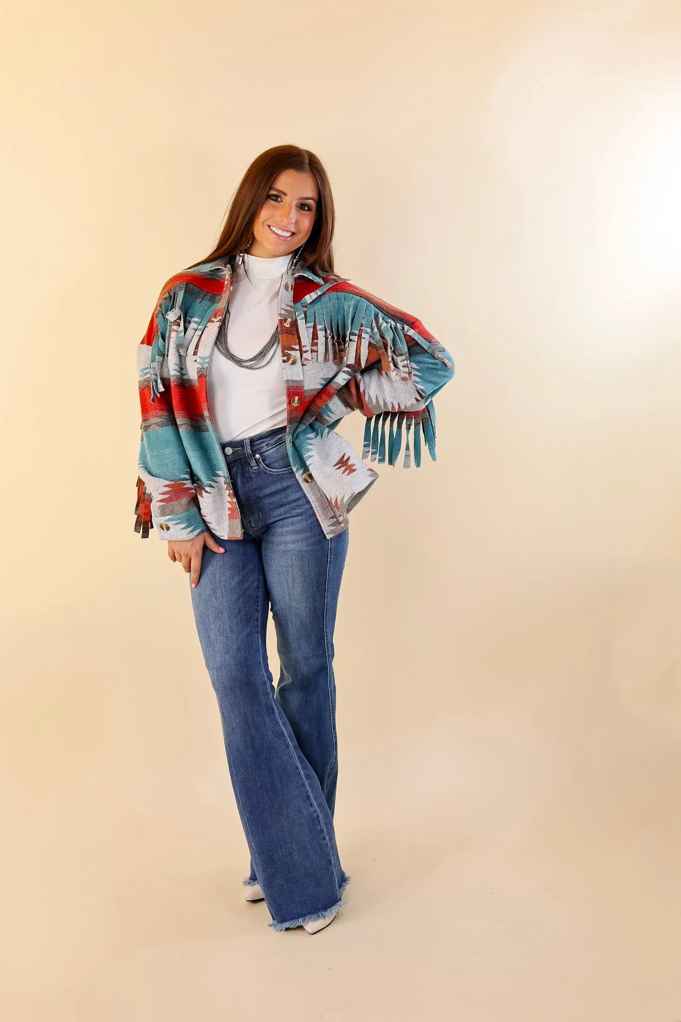 Take Over Aztec Print Button Up Jacket with Fringe in Grey