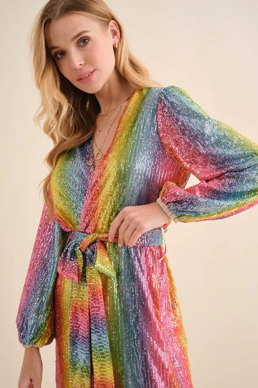 Talia Rainbow Sequin Long Sleeve Wrap Dress