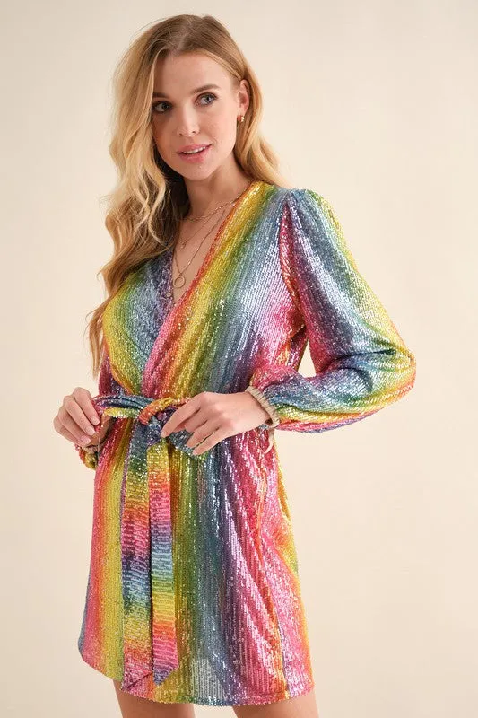 Talia Rainbow Sequin Long Sleeve Wrap Dress