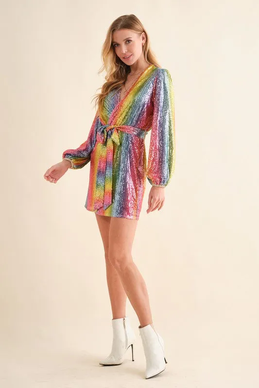 Talia Rainbow Sequin Long Sleeve Wrap Dress