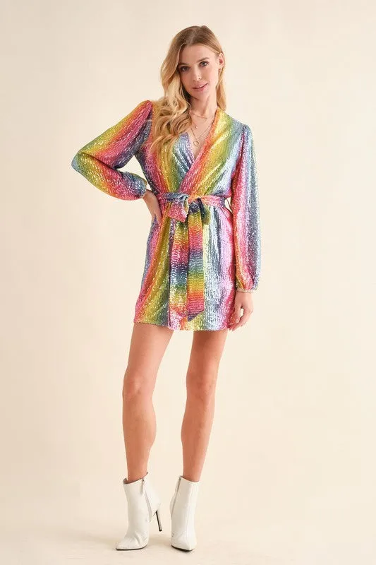 Talia Rainbow Sequin Long Sleeve Wrap Dress