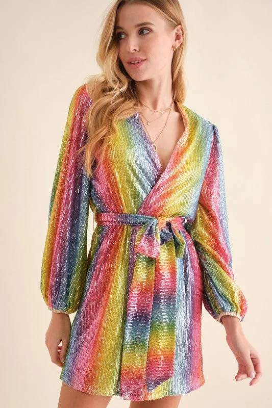 Talia Rainbow Sequin Long Sleeve Wrap Dress