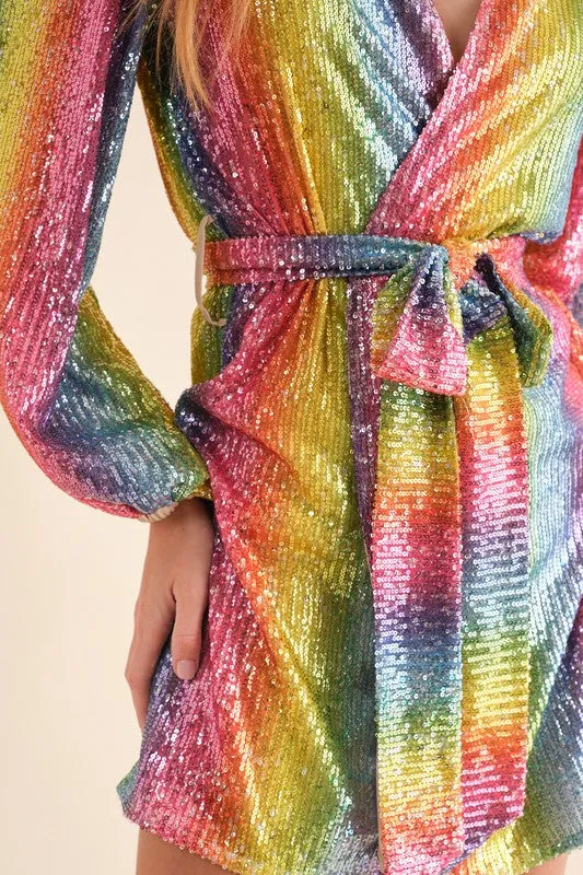 Talia Rainbow Sequin Long Sleeve Wrap Dress