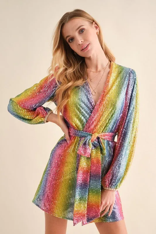 Talia Rainbow Sequin Long Sleeve Wrap Dress