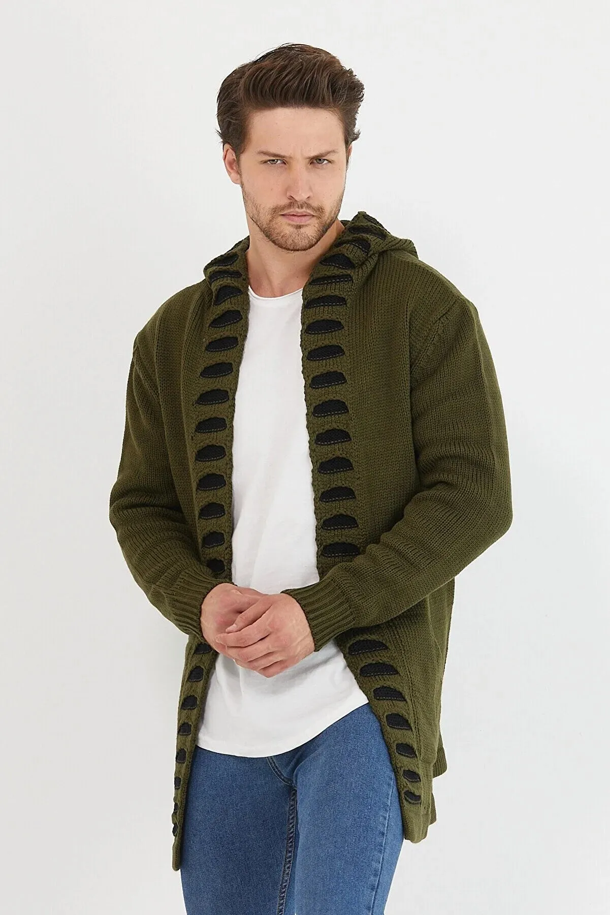 Tarz Cool Men's Green Patterned Poncho Knitwear Cardigan