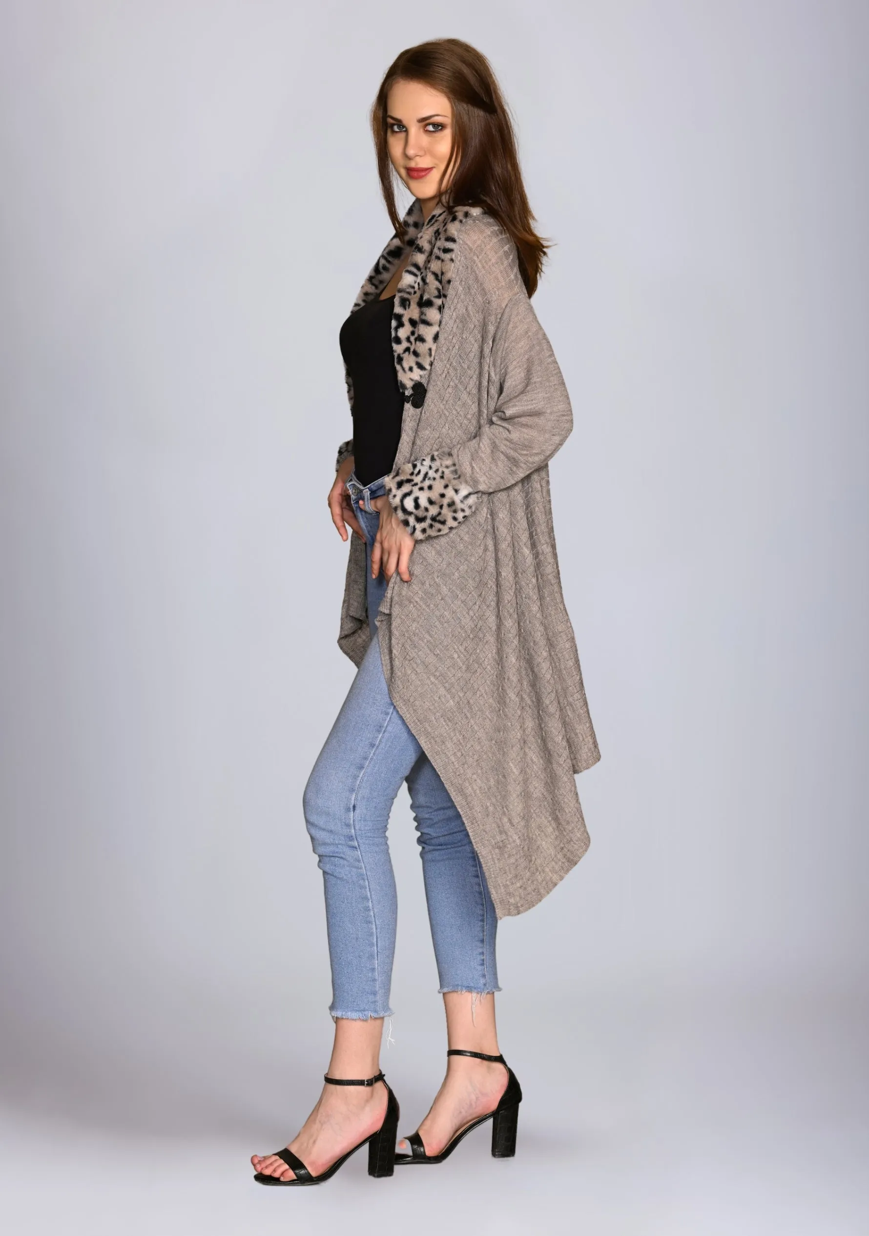 Taupe Melange Cable Knit Fine Wool Jacket with White Leopard Fur Collar and Cuff