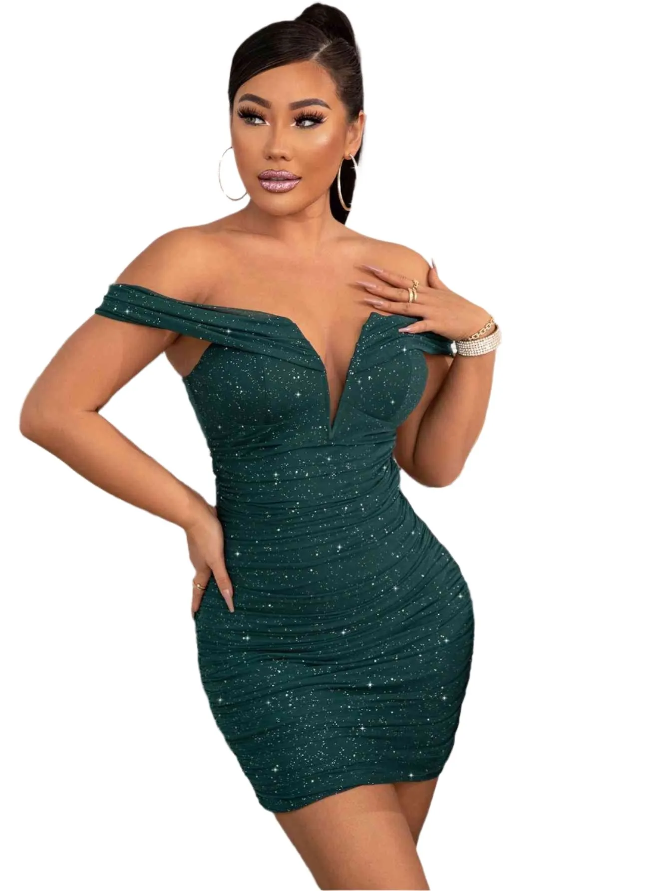 TEEK - Green Glitter Ruched Off-Shoulder Dress