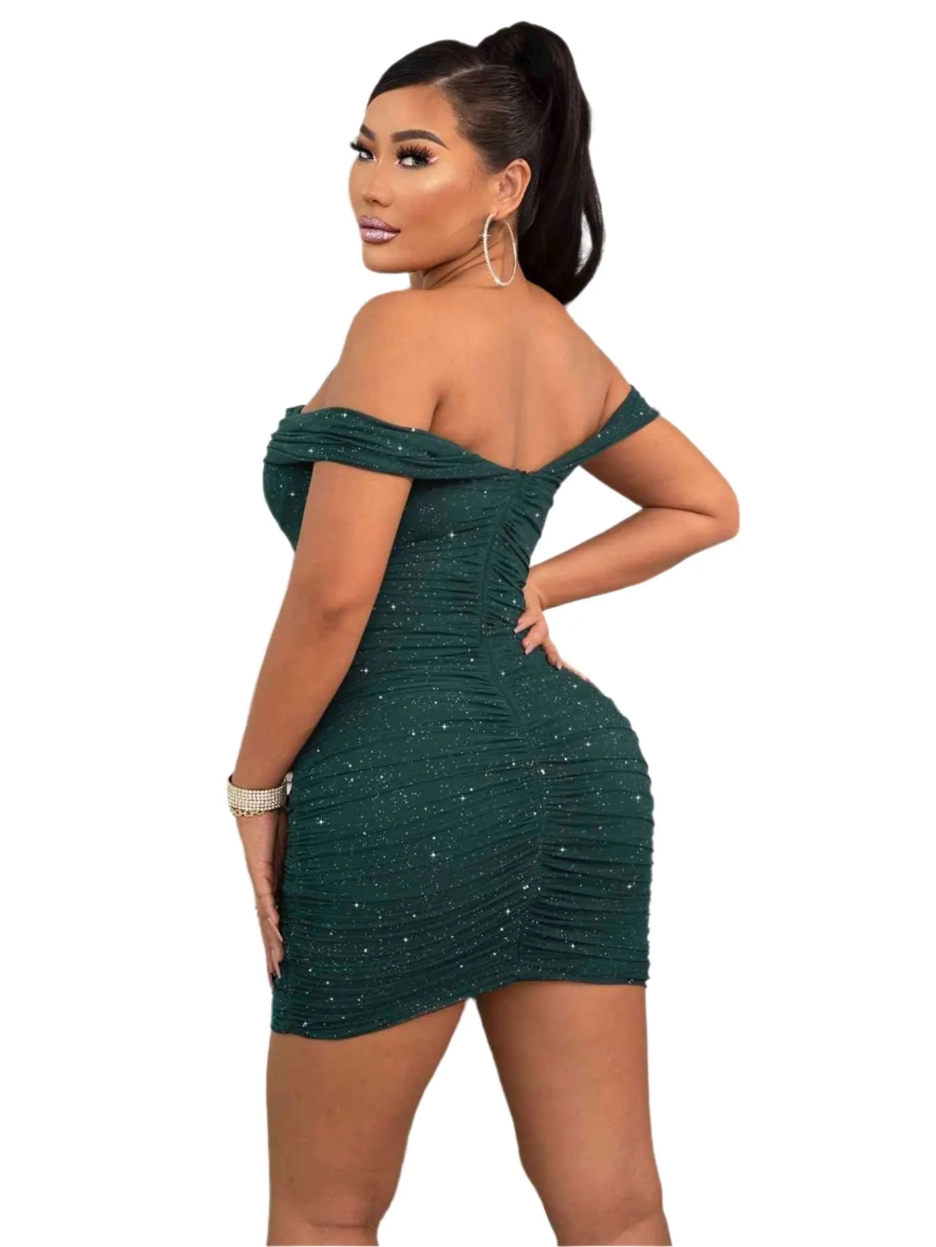 TEEK - Green Glitter Ruched Off-Shoulder Dress