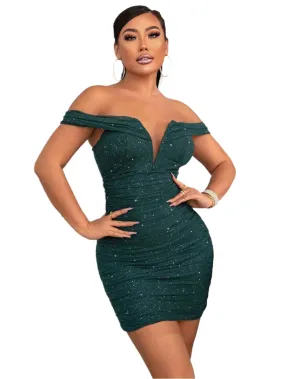 TEEK - Green Glitter Ruched Off-Shoulder Dress