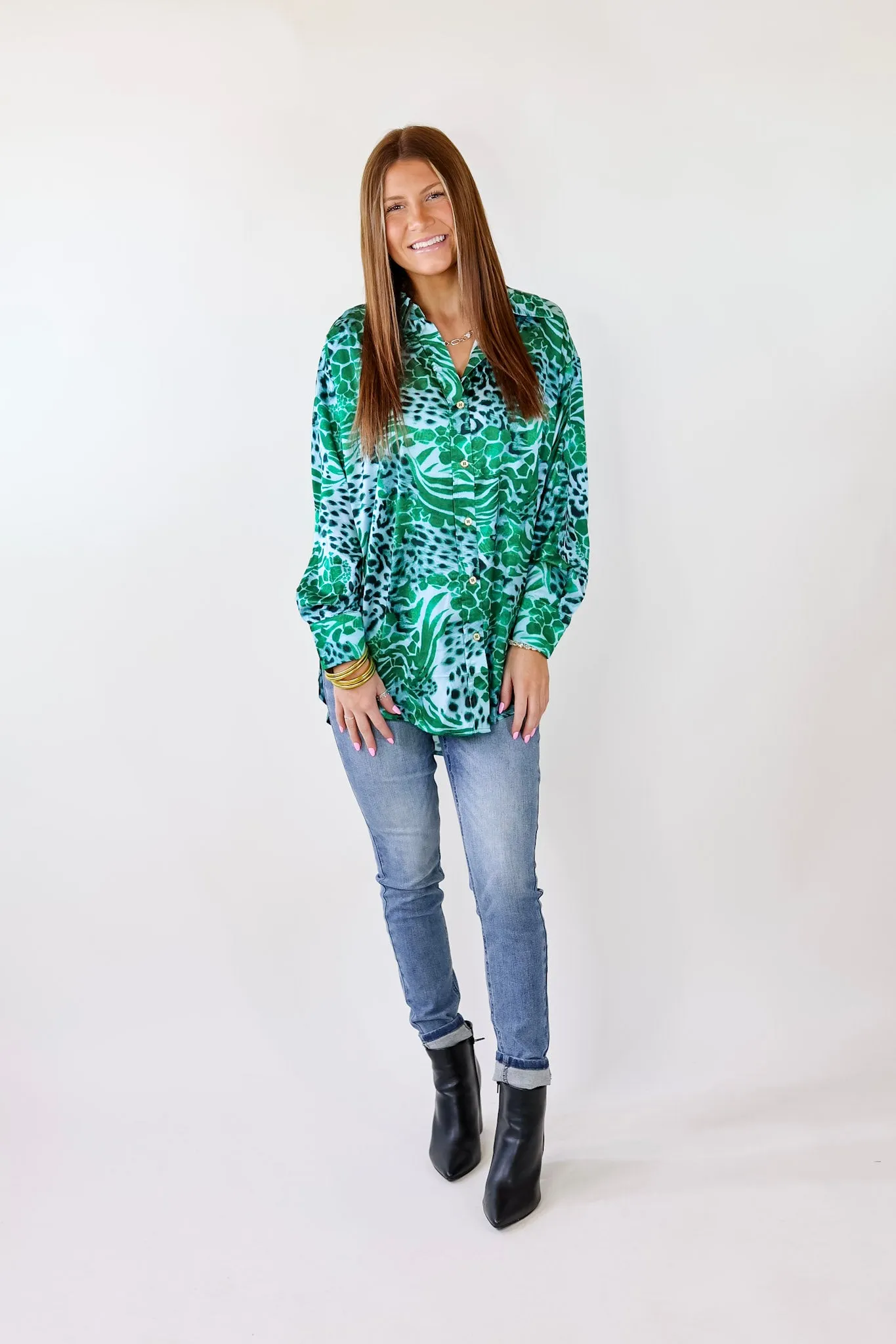 Tell Me Something Good Mixed Animal Print Long Sleeve Button Up Top in Green