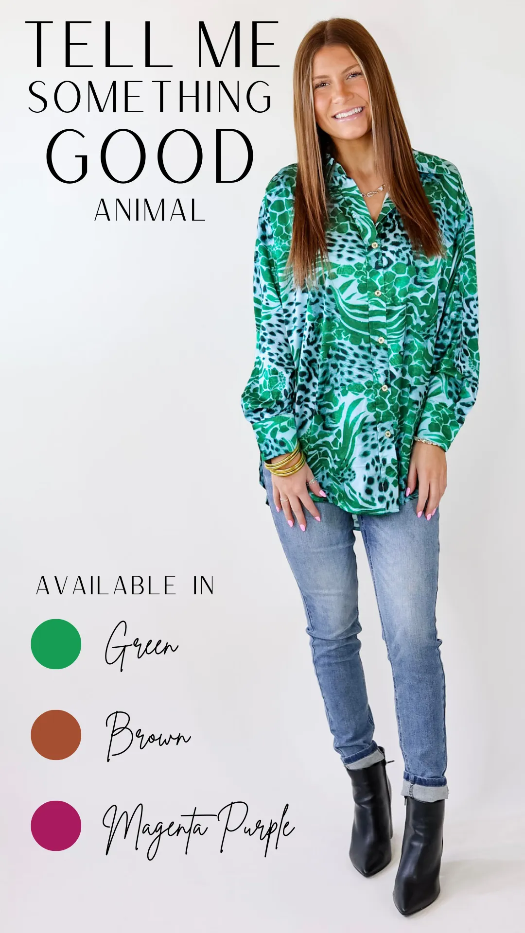 Tell Me Something Good Mixed Animal Print Long Sleeve Button Up Top in Green