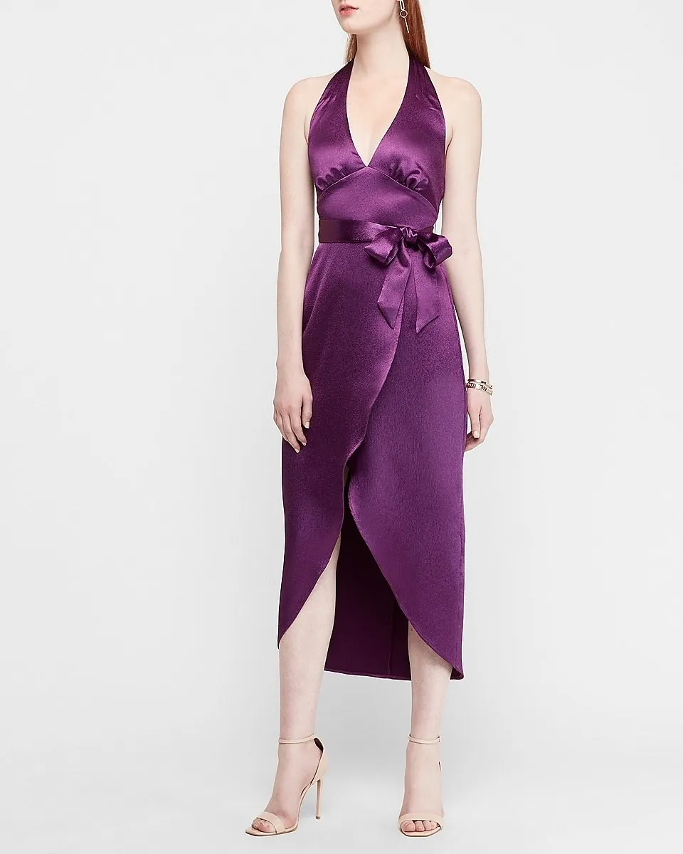 Textured Satin Wrap Hi-Lo Halter Maxi Dress in Plum