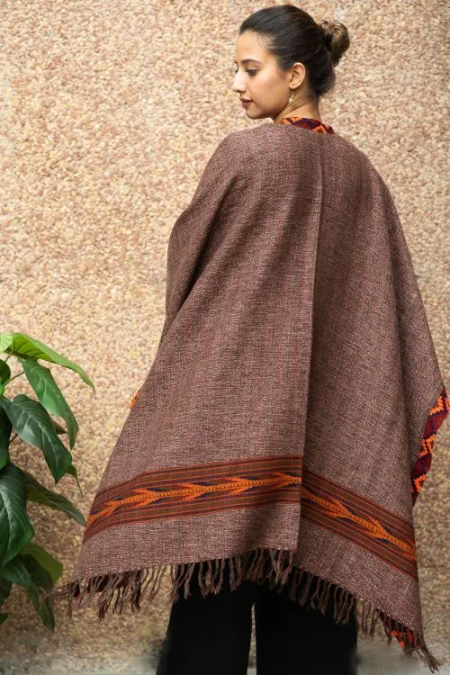 TICH Fine, Soft Himachal Wool Poncho Wrap With Woven Kinnauri Border - Brown Tones