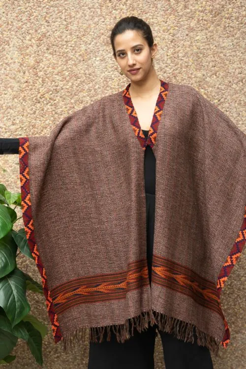 TICH Fine, Soft Himachal Wool Poncho Wrap With Woven Kinnauri Border - Brown Tones