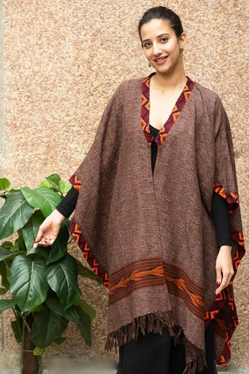 TICH Fine, Soft Himachal Wool Poncho Wrap With Woven Kinnauri Border - Brown Tones